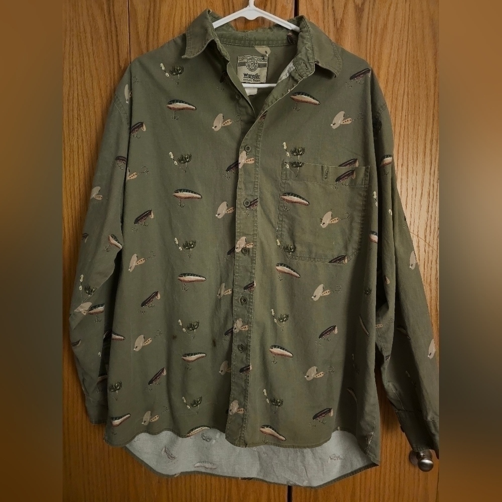 Vintage Wrangler Mens Fishing Lures  Pattern Long Sleeve Shirt Green